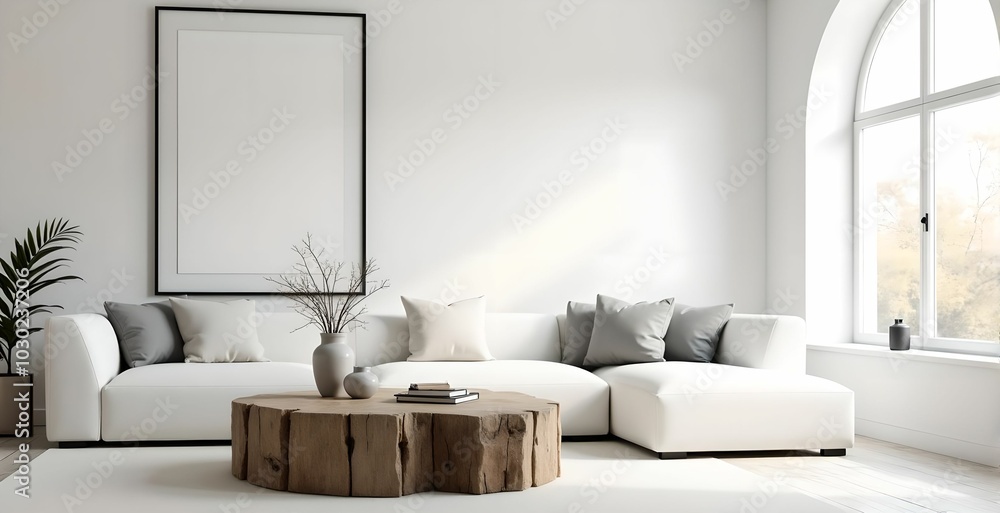 Grunge old accent coffee table near white sofa against arched window and white wall with big art poster frame. Minimalist, art deco interior design of modern living room, home. Grunge old accent coffee table near white sofa against arched window and white wall with big art poster frame. Minimalist, art deco interior design of modern living room, home.