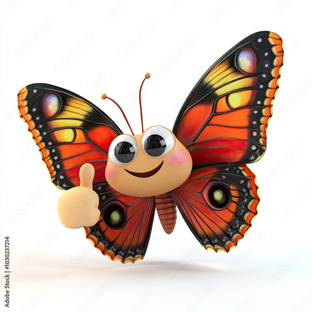 3d funny cartoon colorful butterfly with thumb gesture close up, isolated, on white background. Illustration, decor, print on clothes, design for printing on fabric, paper, plastic, porcelain.