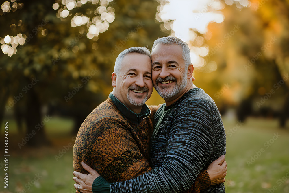A joyful senior homosexual couple embraces in a park surrounded by autumn foliage, radiating love and warmth in a serene outdoor setting A joyful senior homosexual couple embraces in a park surrounded by autumn foliage, radiating love and warmth in a serene outdoor setting