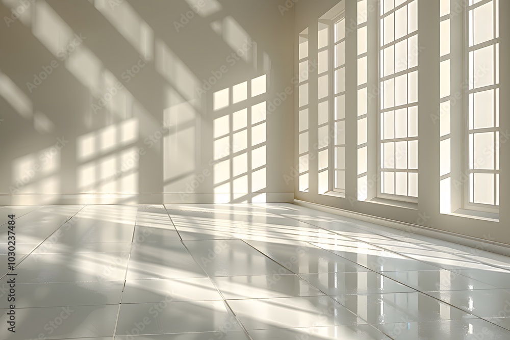 Fototapeta premium Sunlit Minimalist Interior with Large Windows and Gleaming Floor for Modern Design Inspiration