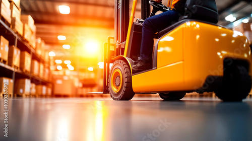 Forklift in Action: A yellow forklift moves through a busy warehouse, the setting sun casting warm light on the scene. The image captures the energy and efficiency of a modern distribution center.  photo