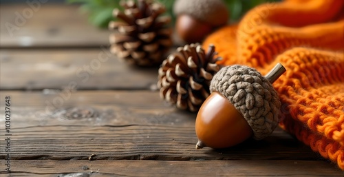 Acorn, pine cones and orange knitted blanket on a wooden table with space for text