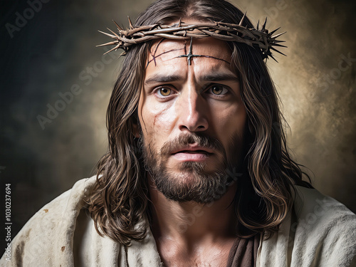 Jesus with a crown of thorns on his head in a dark room, figure portrait, hyperrealism, Jesus of Nazareth, crown of thorns, face of Jesus, Jesus, Lord and Savior, religious masterpiece portrait