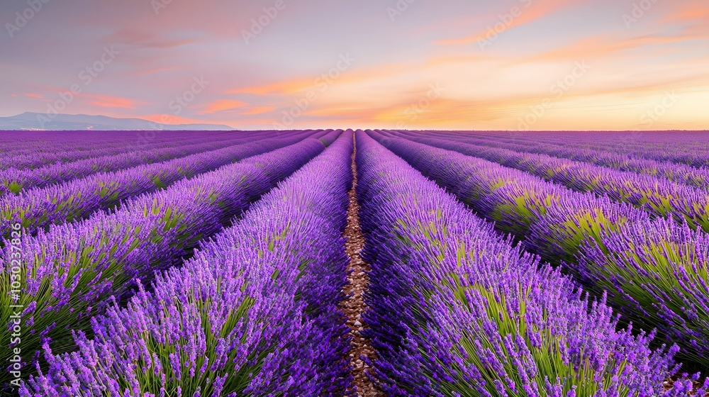 A vibrant lavender field stretches under a colorful sky, showcasing rows of blooming lavender plants in full bloom. A vibrant lavender field stretches under a colorful sky, showcasing rows of blooming lavender plants in full bloom.