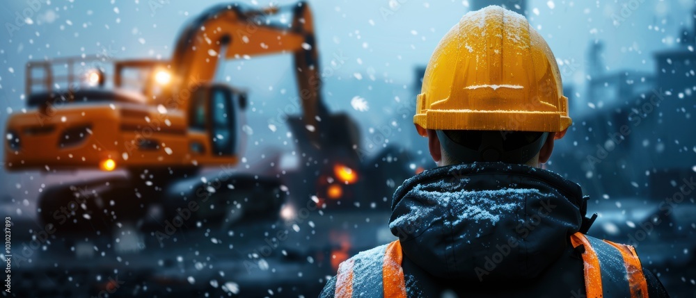 Worker in Hard Hat Operating Heavy Machinery in Snow Worker in Hard Hat Operating Heavy Machinery in Snow