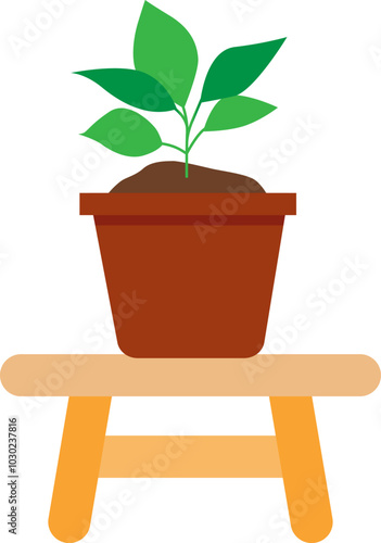 A flower pot with green plant standing on the bench. Vector illustration with transparent background.	