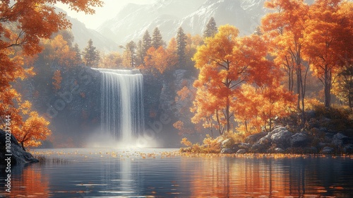 Harvest Hues cascade down mossy autumnal waterfall scene