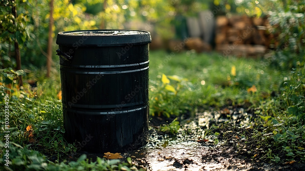 Black Rain Barrel in Lush Garden Black Rain Barrel in Lush Garden