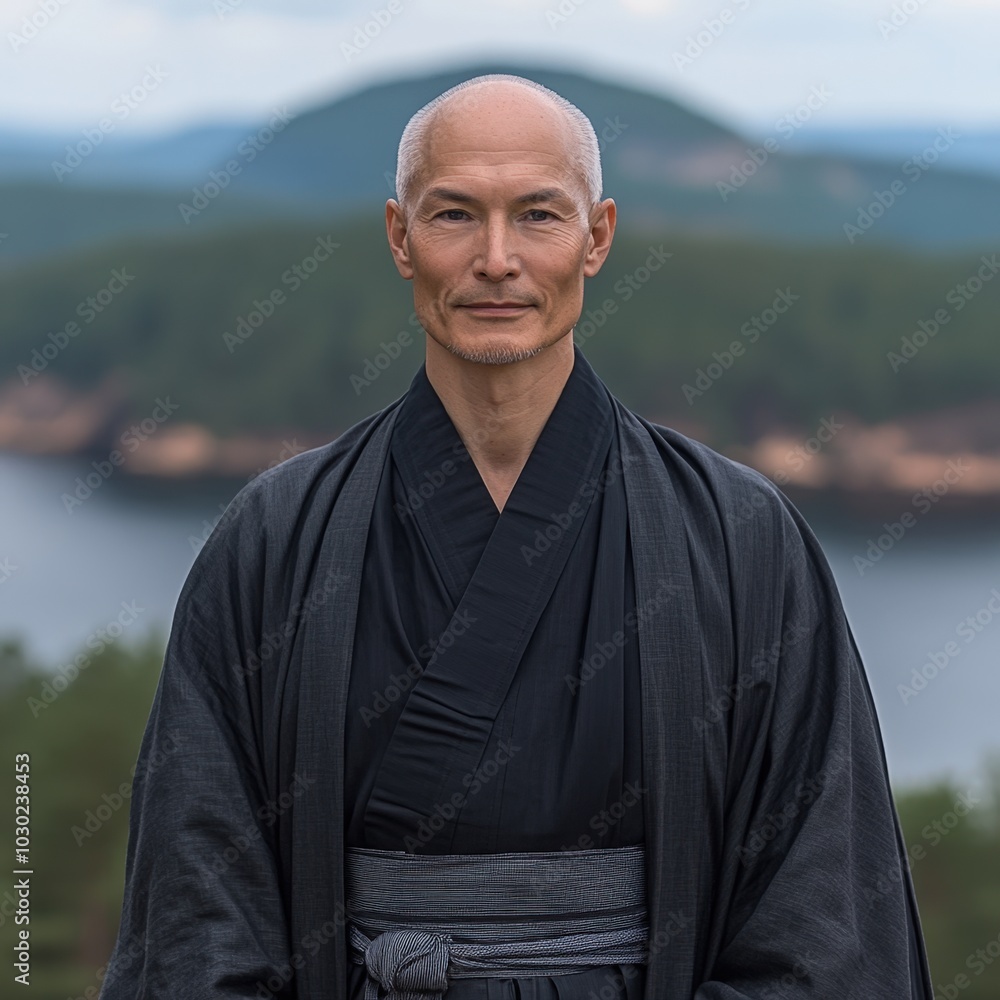 A serene moment with a wise monk amidst nature’s embrace at a tranquil lakeside location A serene moment with a wise monk amidst nature’s embrace at a tranquil lakeside location