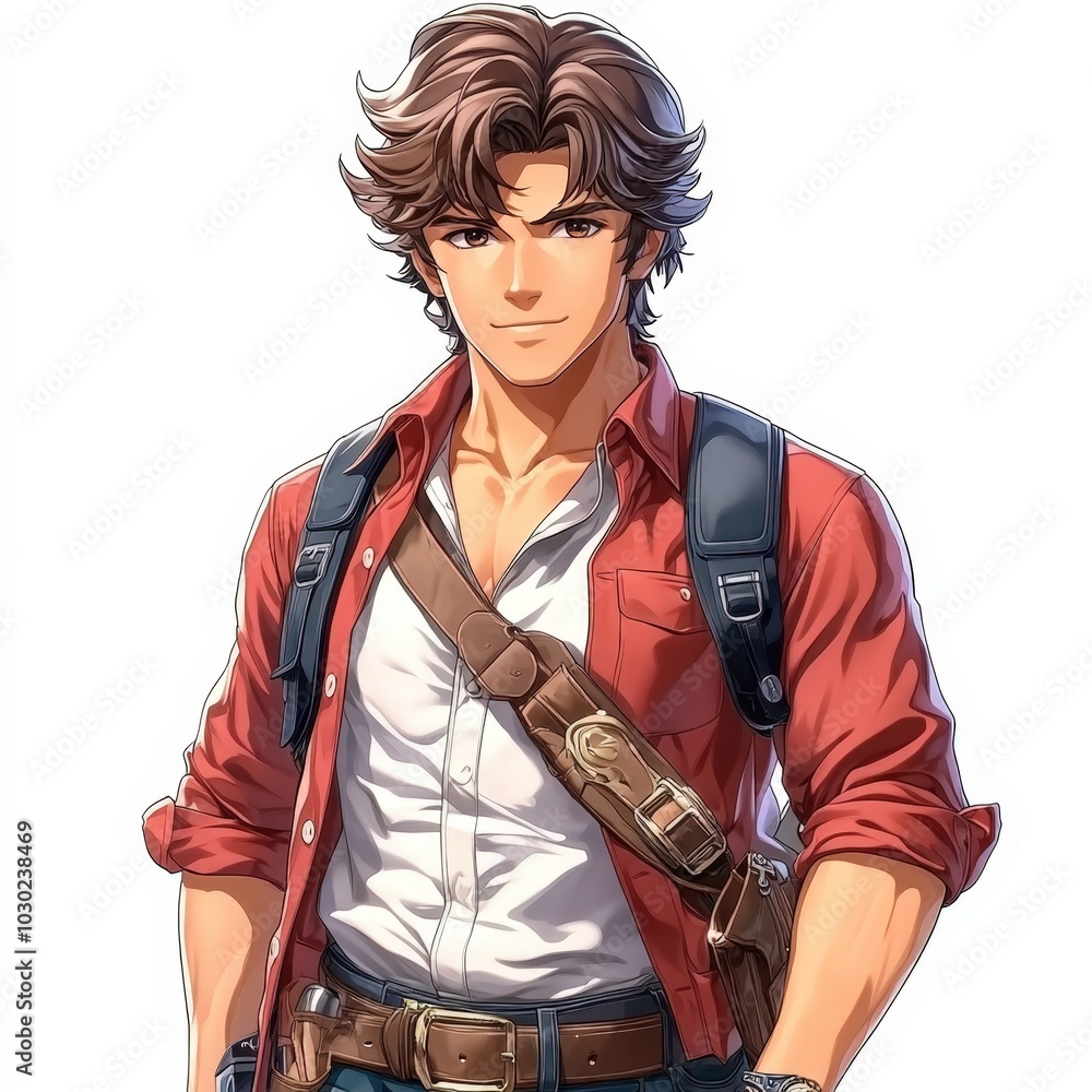 Adventurous young man in red shirt with shoulder bag poses confidently for an artistic display Adventurous young man in red shirt with shoulder bag poses confidently for an artistic display