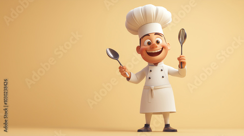 happy cartoon chef wearing a traditional white uniform and holding a whisk and spoon, ready to cook. Bright and cheerful culinary character on a yellow background.