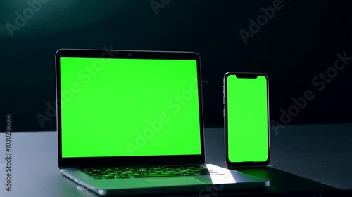  Set of laptop phone with green screen, on black background. Generative AI