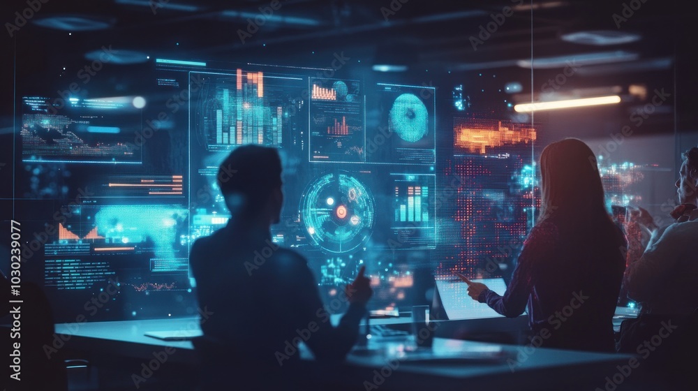 A group of business professionals are gathered around a table in an office, looking at a large screen displaying data visualizations. A group of business professionals are gathered around a table in an office, looking at a large screen displaying data visualizations.