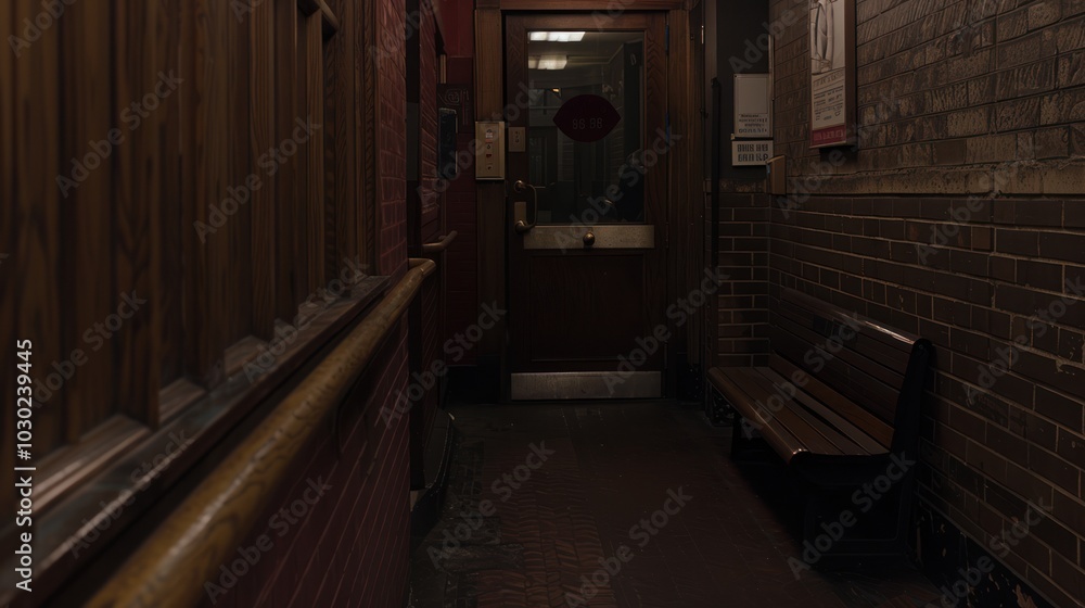 Dark Brick Hallway with Wooden Door and Bench Dark Brick Hallway with Wooden Door and Bench
