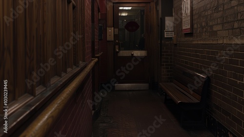 Dark Brick Hallway with Wooden Door and Bench