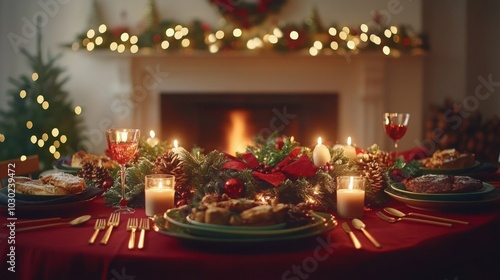 A beautifully decorated Christmas tree with twinkling lights and shiny ornaments in a cozy living room. Beneath the tree are neatly wrapped presents with festive ribbons and bows