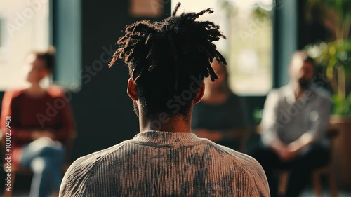 A man with dreadlocks sits in a group therapy session, listening intently