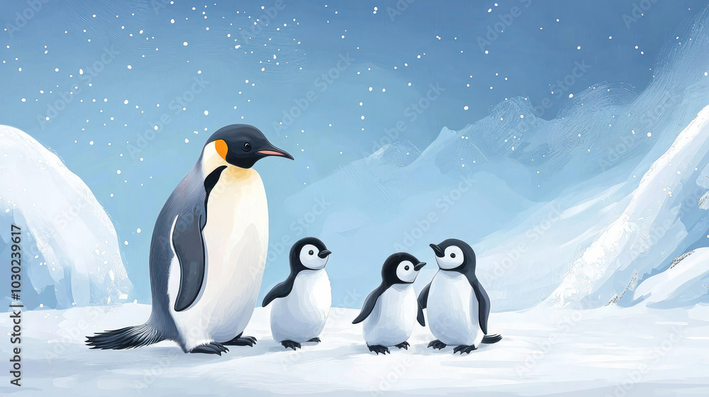 Fototapeta premium Penguin parent with three chicks in a snowy arctic landscape under a starry sky.