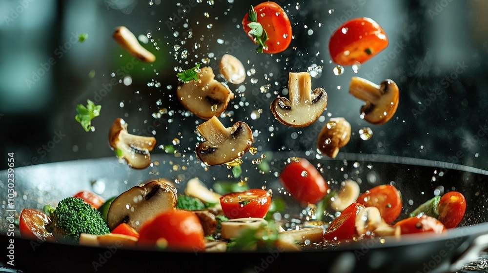 Super macro of fresh ripe organic mixed vegetables and pieces of champignon mushrooms falling with splash of oil droplets on frying pan for cooking in restaurant kitchen. Super macro of fresh ripe organic mixed vegetables and pieces of champignon mushrooms falling with splash of oil droplets on frying pan for cooking in restaurant kitchen.