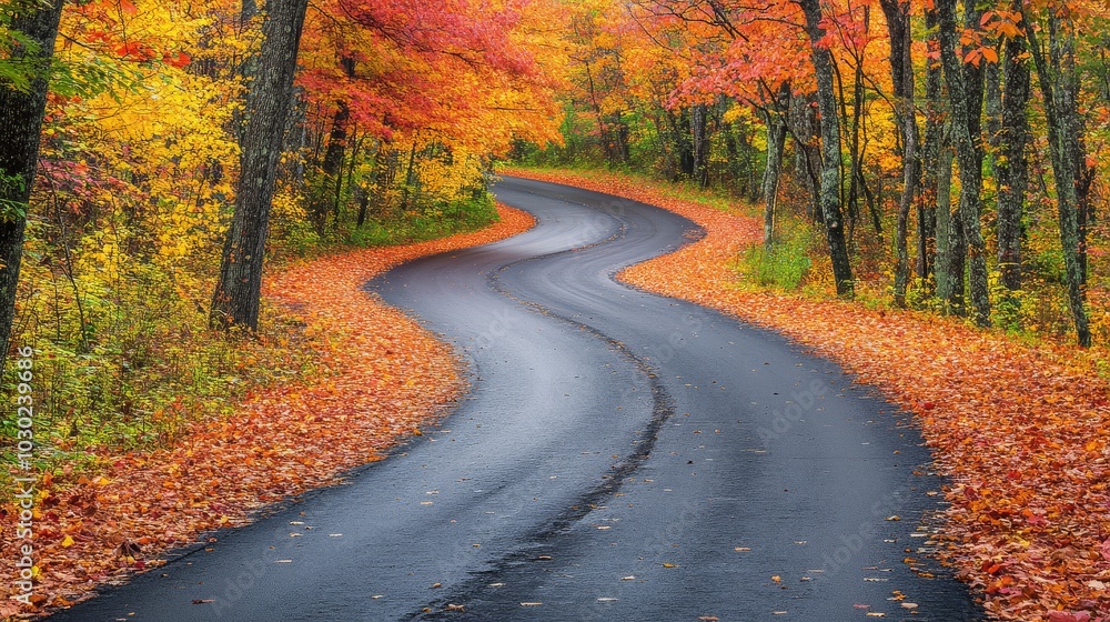 Fototapeta premium A smooth, black road winds through a forest bursting with fall colors.