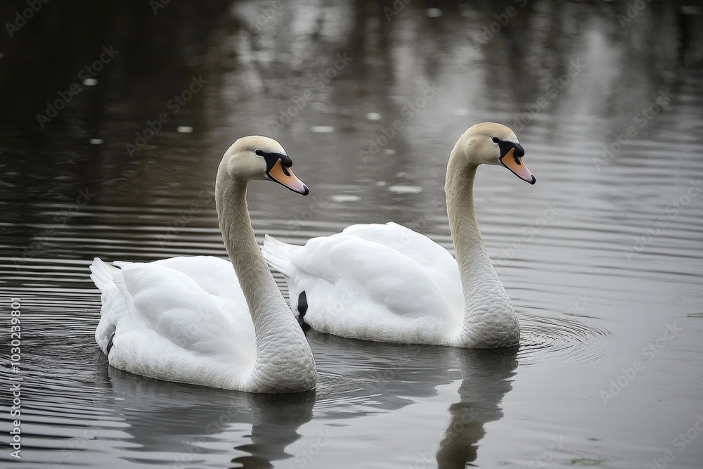Elegant swans gliding gracefully on a serene lake at dawn Elegant swans gliding gracefully on a serene lake at dawn