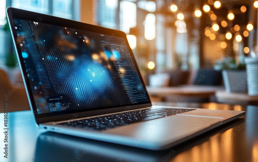 A laptop displaying digital data in a cozy cafe setting.
