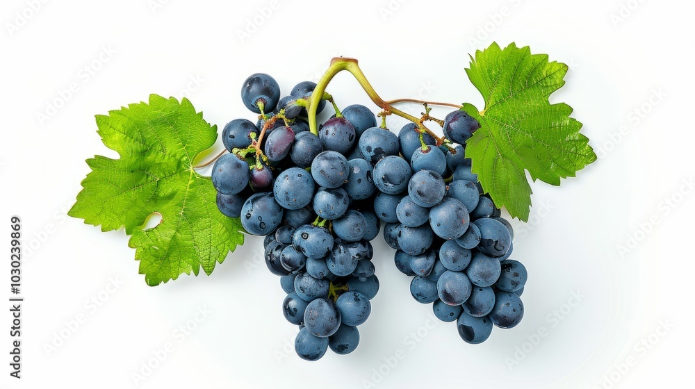 Gorgeous Bunch of Dark Blue Grapes with Leaves on White Background, Top View in Gorgeous Bunch of Dark Blue Grapes with Leaves on White Background, Top View in