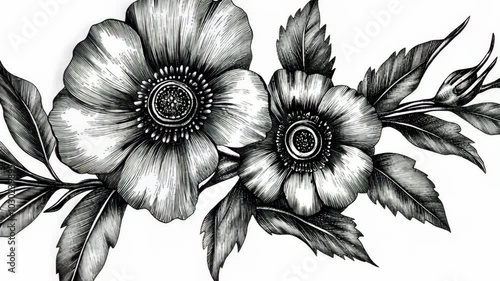 Wallpaper Mural A detailed black and white illustration of two blooming flowers with leaves Torontodigital.ca