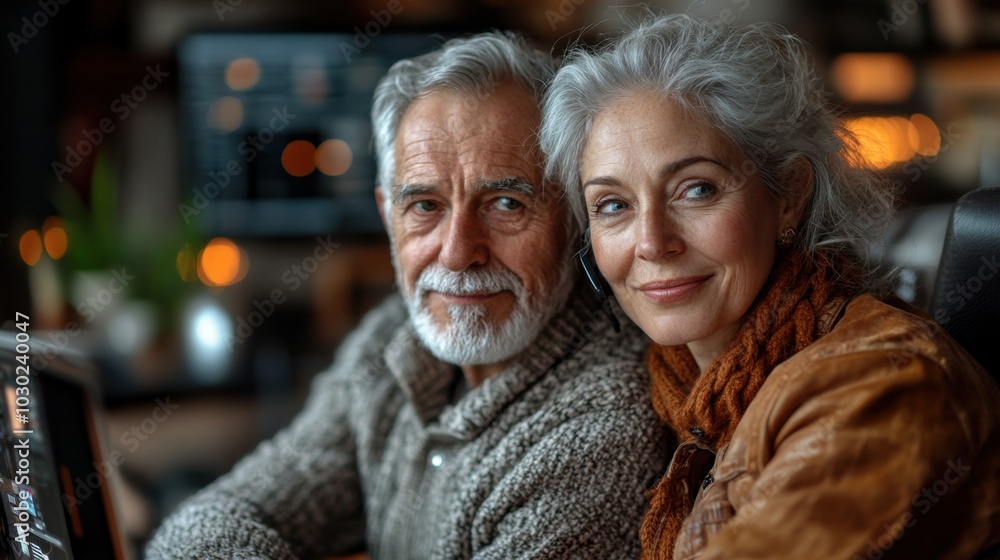 A smiling senior couple sits in front of a computer in a cozy home office. A smiling senior couple sits in front of a computer in a cozy home office.