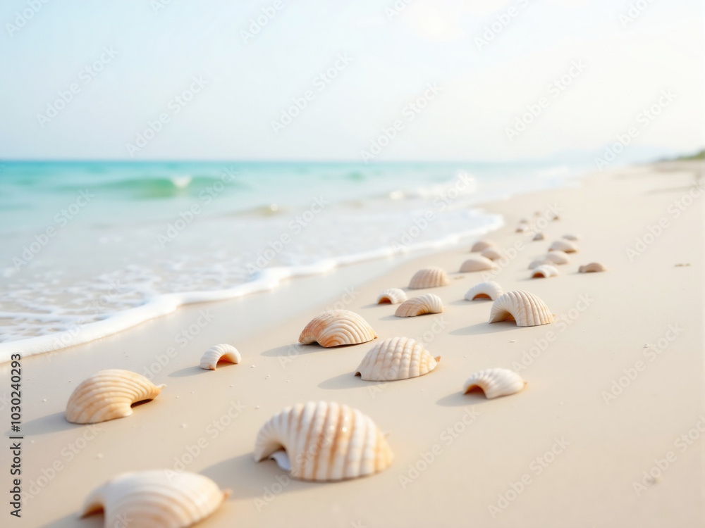 Seashells forming line on the beach with ocean waves Seashells forming line on the beach with ocean waves