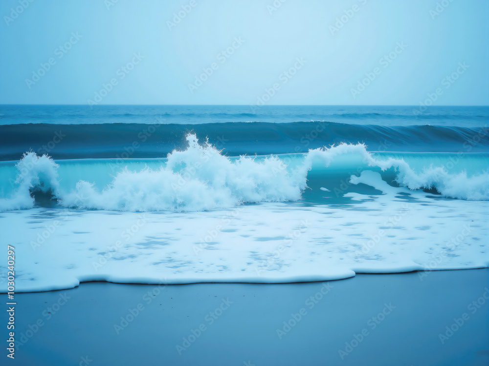 Turquoise wave breaking on sandy beach shore Turquoise wave breaking on sandy beach shore