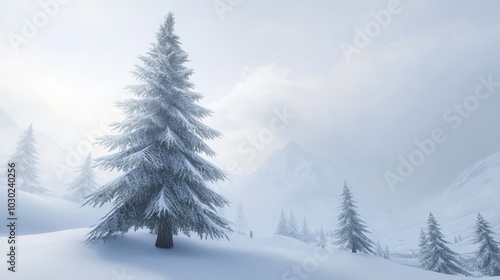 A snowy fir tree stands tall against a winter backdrop.