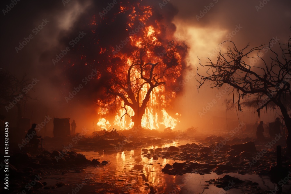 A dramatic New Year celebration marked by a massive bonfire near a reflective water surface A dramatic New Year celebration marked by a massive bonfire near a reflective water surface