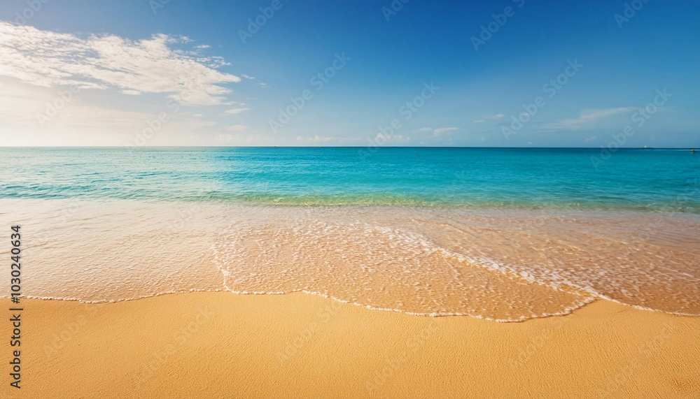 Sunny Beach With Golden Sand and Calm Waves Under Bright Blue Sky Midday Sunny Beach With Golden Sand and Calm Waves Under Bright Blue Sky Midday