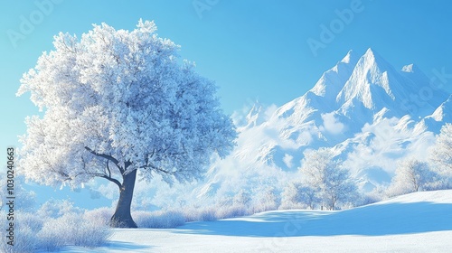 A snowy mountain scene with a tree covered in white, surrounded by a field of snow. The sky is a clear blue. photo