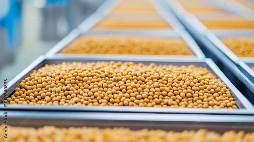 A close-up view of trays filled with golden grains, showcasing a collection of seeds in a clean, industrial environment. A close-up view of trays filled with golden grains, showcasing a collection of seeds in a clean, industrial environment.