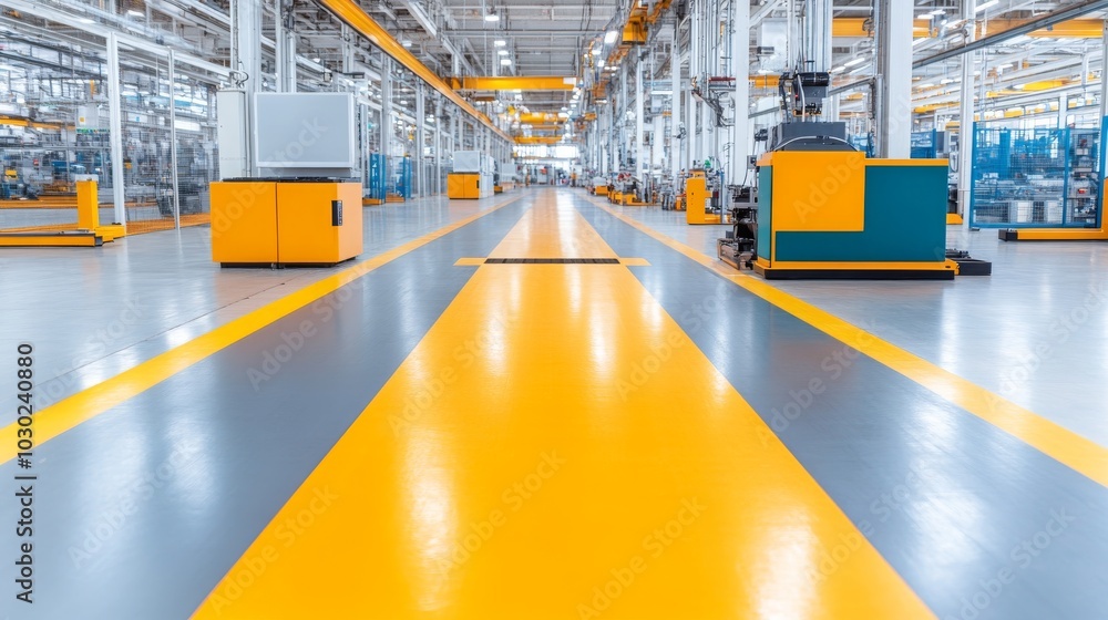 A spacious industrial facility featuring bright yellow and gray floor markings, with organized equipment and a clear pathway for movement.