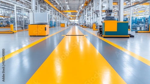 Obraz na płótnie A spacious industrial facility featuring bright yellow and gray floor markings, with organized equipment and a clear pathway for movement. w salonie