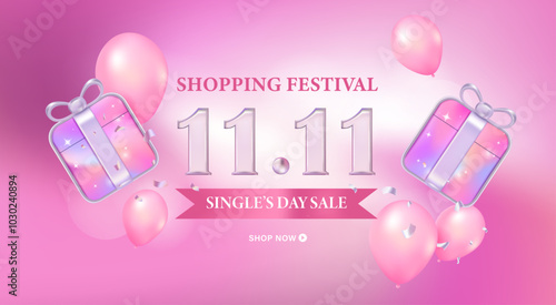 11.11 sale banner template design with gift box and balloon for web or social media. 3d illustration vector premium.