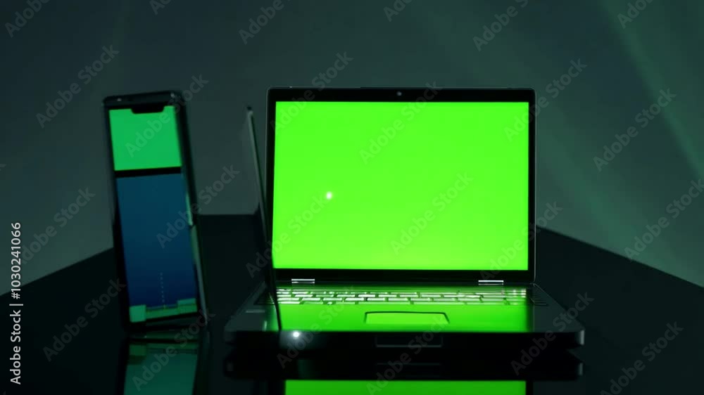 Set of laptop phone with green screen, on black background. Generative AI Set of laptop phone with green screen, on black background. Generative AI
