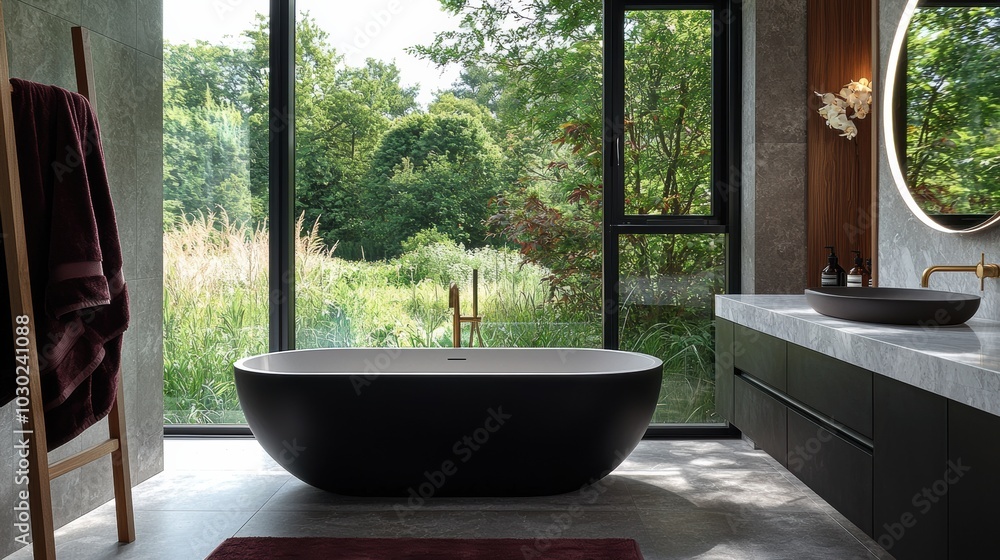 Fototapeta premium Sleek minimalist bathroom featuring a freestanding black tub and lush greenery view through large window