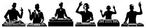 DJ playing music on a mixer, black vector illustration