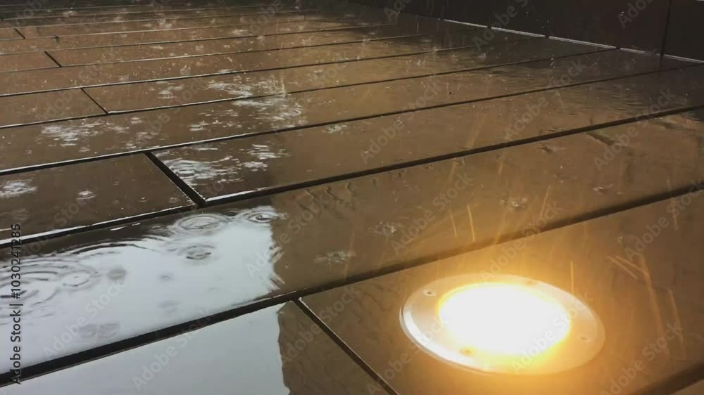 Vídeo de las gotas de lluvia golpeando el suelo. Gotas de lluvia rebotando en el suelo moderno de tablones de madera de un patio con paredes de ladrillo.