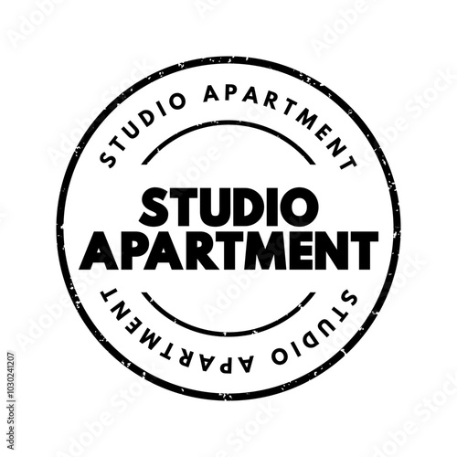 Studio Apartment in which the normal functions of a number of rooms often are combined into a single room, text concept stamp