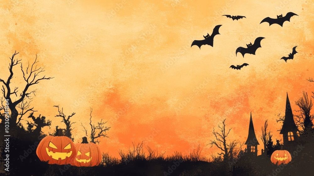 A spooky Halloween scene with pumpkins and bats, perfect for a horror-themed poster or design. This artwork is ideal for promoting Halloween events or creating a scary vibe. A spooky Halloween scene with pumpkins and bats, perfect for a horror-themed poster or design. This artwork is ideal for promoting Halloween events or creating a scary vibe.