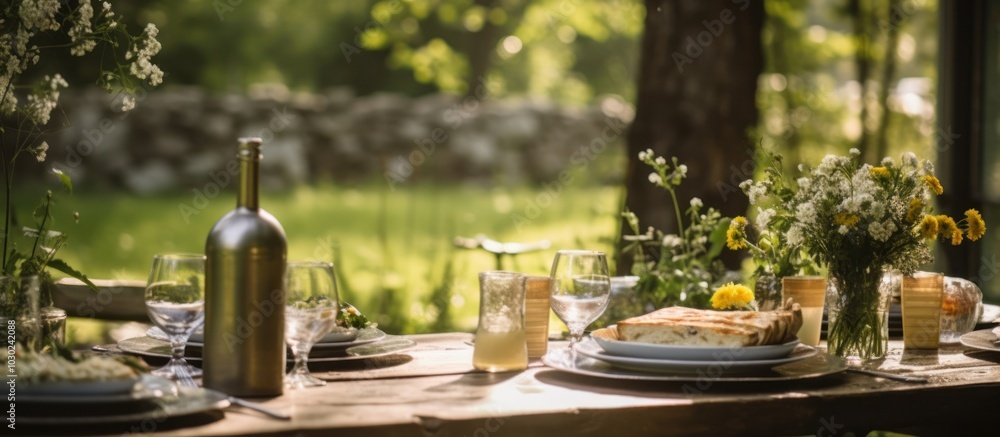 Summer Picnic Table Setting in a Lush Garden Summer Picnic Table Setting in a Lush Garden