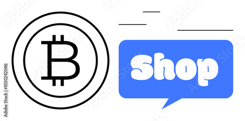 Bitcoin symbol next to message bubble with word Shop in blue. Ideal for cryptocurrency retail e-commerce online stores digital currency payment methods innovation technology. Minimalistic modern