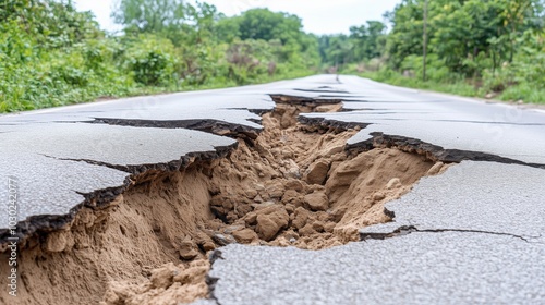 Rural road ripped apart by a powerful earthquake reveals broken asphalt and exposed ground. Natural disaster impact concept photo