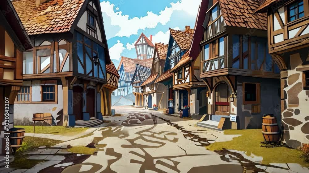 A quaint, cobblestone street winds through a medieval village, sunlight dappling the stone and casting long shadows