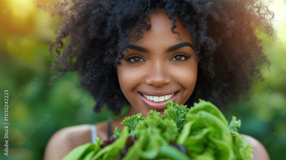 Radiant Woman with Fresh Greens Promoting Healthy Eating Radiant Woman with Fresh Greens Promoting Healthy Eating